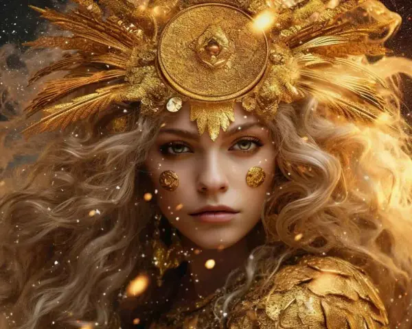 Złota bogini, symbol 22.08 znaku zodiaku, emanuje blaskiem i tajemnicą, otoczona gwiezdnym pyłem.