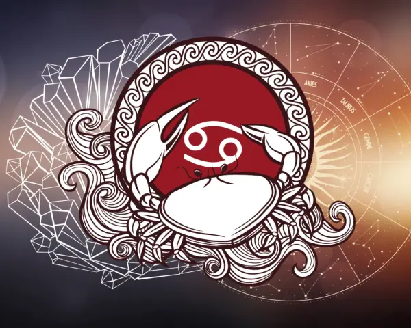 Symbol Raka, 22.07 znak zodiaku, otoczony kryształami i kołem zodiaku.