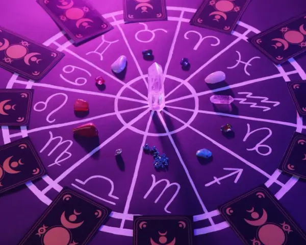 Okrąg zodiaku z kryształem i kamieniami. Wokół karty tarota. Czyżby to symbolika najbardziej mściwego znaku zodiaku?
