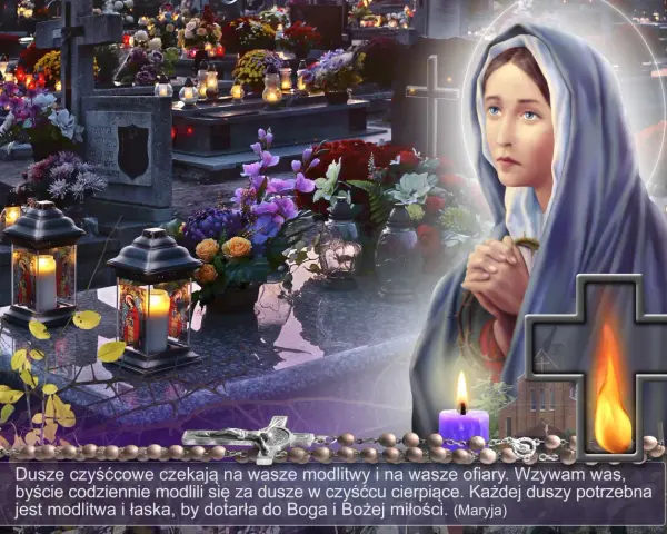 Modlitwa o rozum i mądrość. Maryja w zadumie na tle cmentarza ze zniczami i kwiatami.