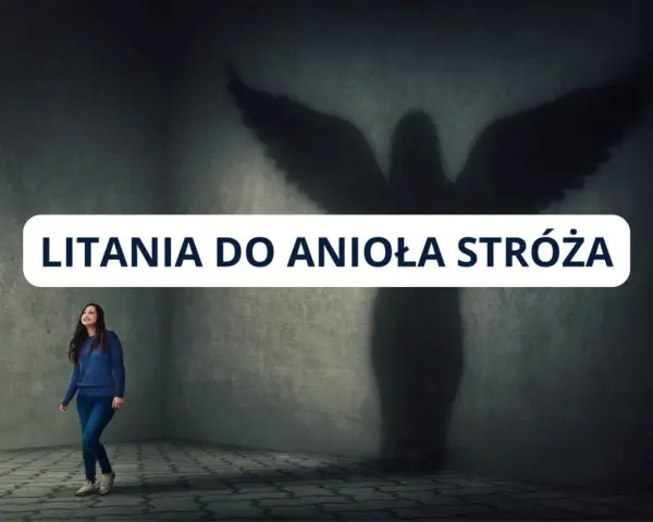 Kobieta patrzy w górę na cień anioła stróża, gdy na ekranie pojawia się napis "Litania do anioła stróża".