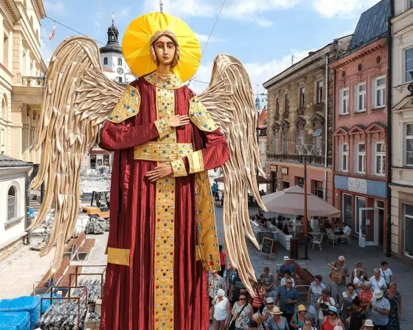 Gigantyczny Archanioł w czerwonej szacie z aureolą i złotymi skrzydłami, jakby wznosił modlitwę do archanioła. Ludzie spacerują ulicą.