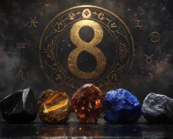 Pięć kamieni szlachetnych przed złotym znakiem nieskończoności i zodiaku. Numerologia 1 i 8.