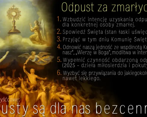 Obraz przedstawia scenę z aniołami i duszami w ogniu, z monstrancją w chmurach. Tekst informuje o 9-dniowej nowennie za dusze w czyśćcu cierpiące.