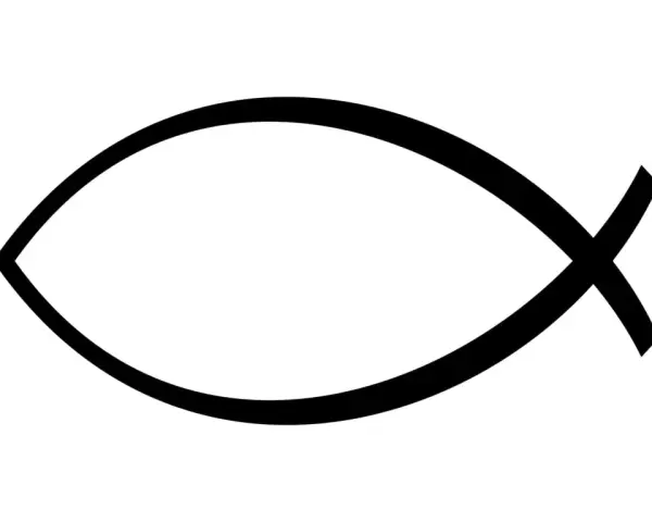 Symbol znaku zodiaku Ryby: dwie zakrzywione linie tworzące kształt ryby, połączone na środku ukośną kreską.