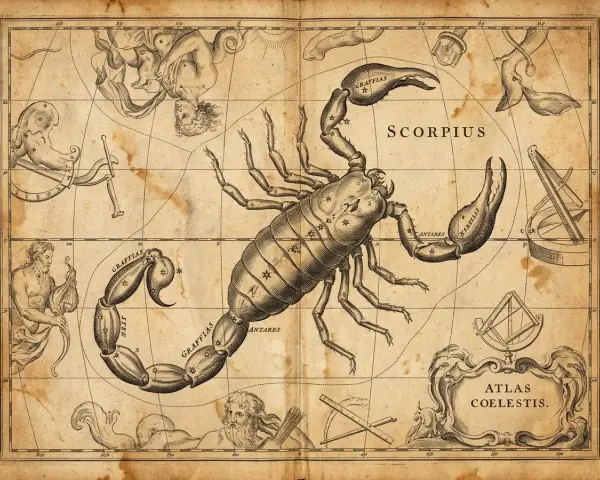 Starożytna mapa nieba. Skorpion, symbol siły, i Wodnik, symbol mądrości, tworzą niezwykłą przyjaźń na tle konstelacji.