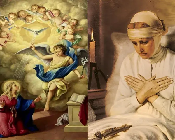 Zwiastowanie Najświętszej Maryi Pannie: Archanioł Gabriel z lilią i gołębicą Ducha Świętego nad klęczącą Maryją. Obok, kobieta w bieli z rękami na piersi, przy świecy.