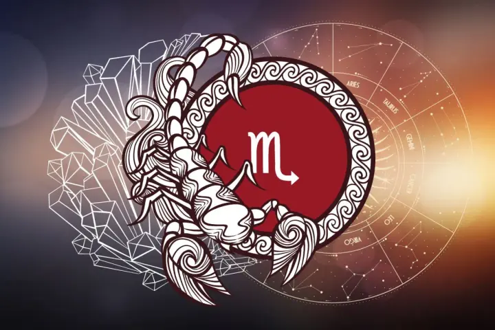 Skorpion, 23.10 znak zodiaku, z symbolem i konstelacjami.