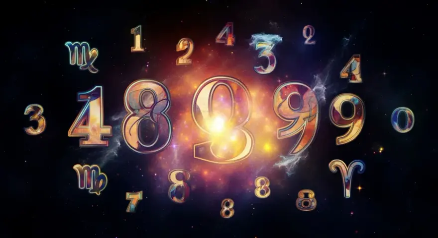 Kosmiczna wizja liczb, gdzie numerologiczna 1 i 11 splatają się z symbolami zodiaku i cyframi.