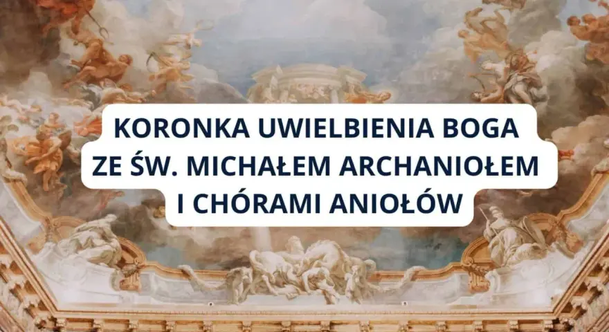 Koronka uwielbienia Boga ze św. Michałem Archaniołem i chórami aniołów. Niebiańska wizja w chmurach.