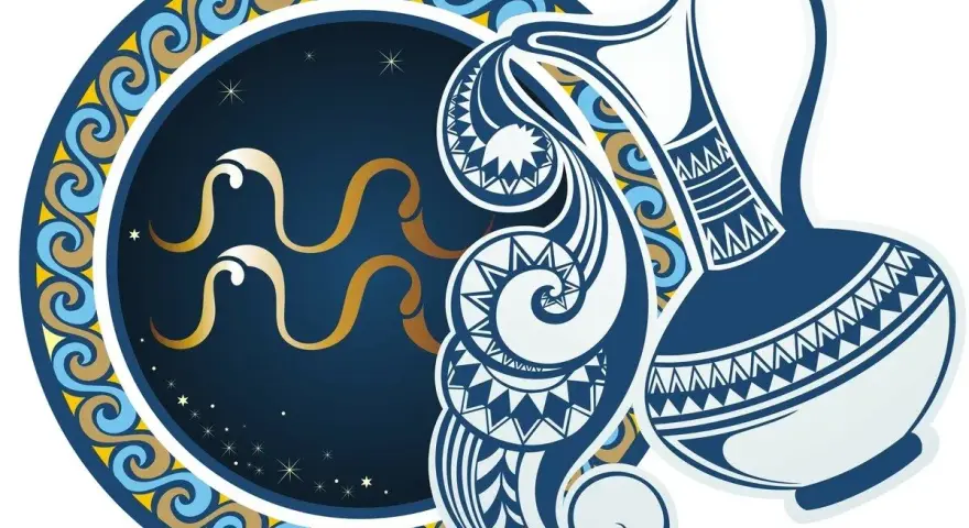 Symbol Wodnika, najbardziej wyjątkowy znak zodiaku, wylewa wodę z ozdobnego dzbanka na tle nocnego nieba.