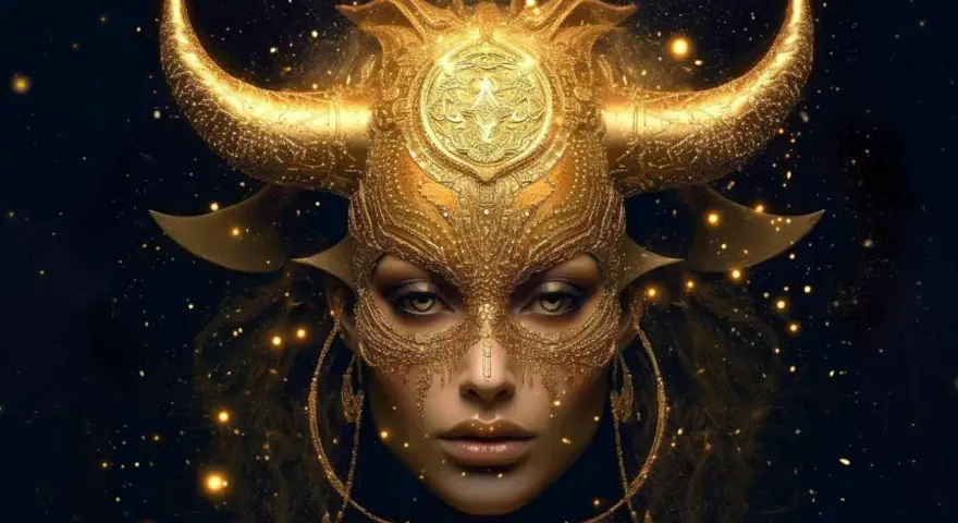 Złota maska z rogami byka, symbolizująca znak zodiaku Byk, otoczona migoczącymi gwiazdami.