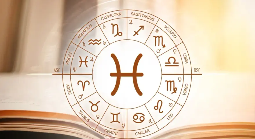 Zodiak z symbolem Ryb w centrum. Obok widnieje znak Bliźniąt, sugerując ich przyjaźń i wspólne poszukiwanie wiedzy.