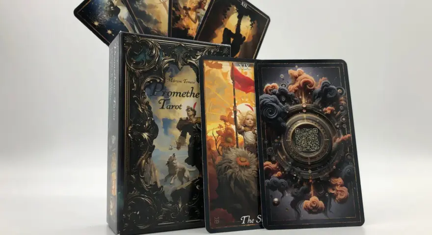 Rycerz monet z talii Prometheu Tarot, obok pudełka i innych kart.