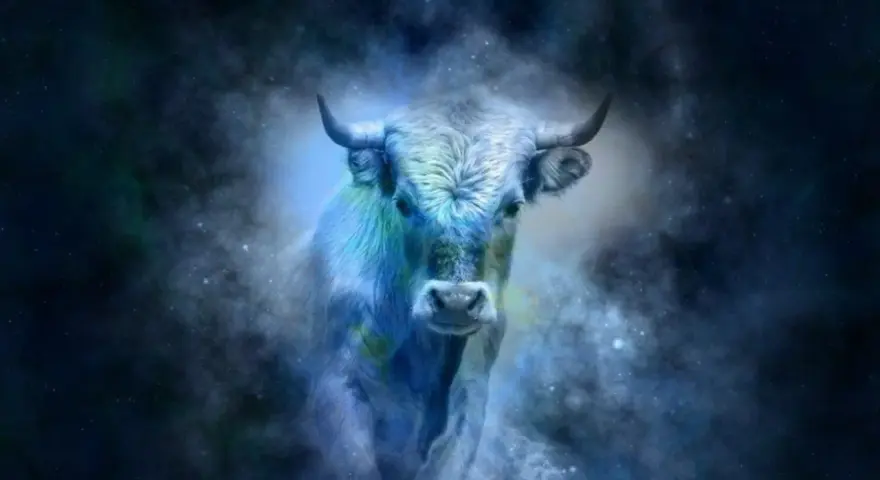 Byk, 21.05 znak zodiaku, majestatycznie kroczy przez kosmiczną mgławicę.