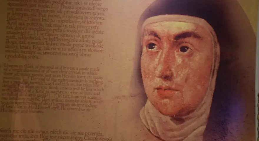 Portret zakonnicy z tekstem o modlitwie o przyjaciela.