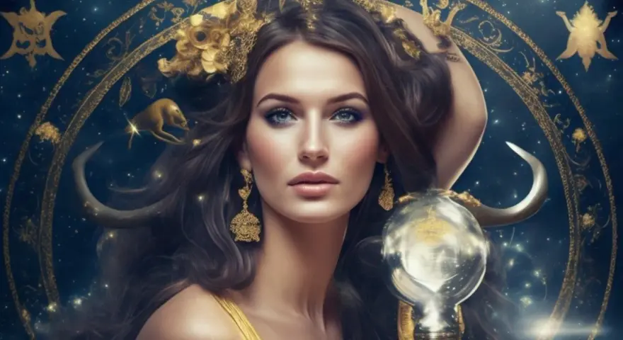 Kobieta z niebieskimi oczami i złotymi ozdobami, otoczona gwiazdami i symbolami zodiaku. To 23.09 znak zodiaku, czyli Panna.
