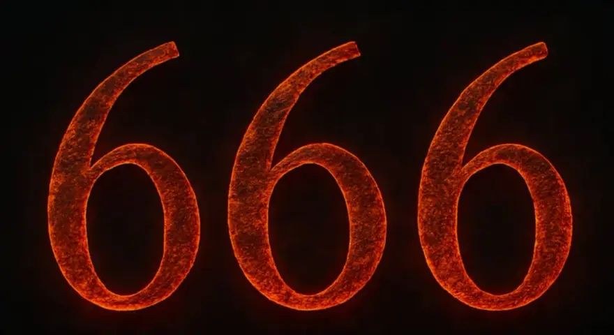 Trzy pomarańczowe, świecące cyfry 666 na czarnym tle. Niektórzy widzą w nich liczby anielskie 666, inni symbol zła.
