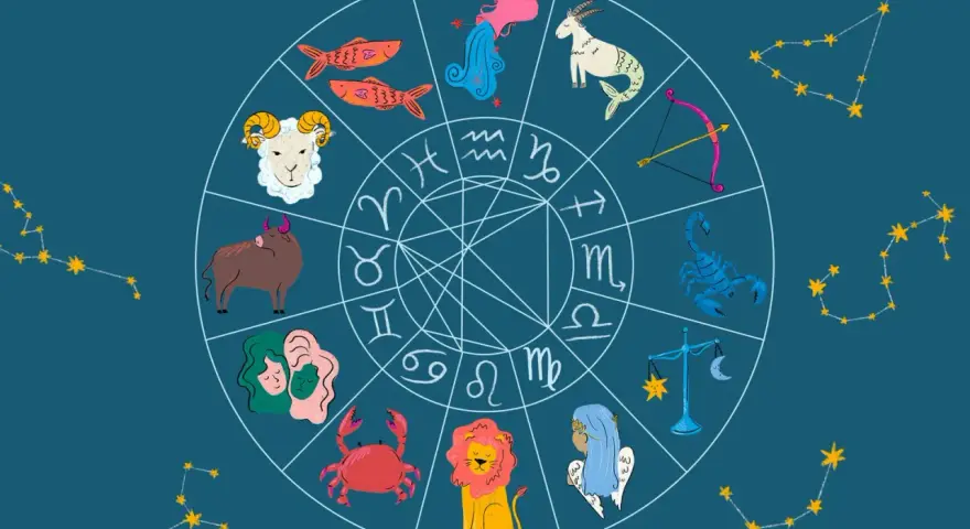 Zodiak z symbolami: Baran, Byk, Bliźnięta (od 21 maja do 20 czerwca), Rak, Lew, Panna, Waga, Skorpion, Strzelec, Koziorożec, Wodnik, Ryby.