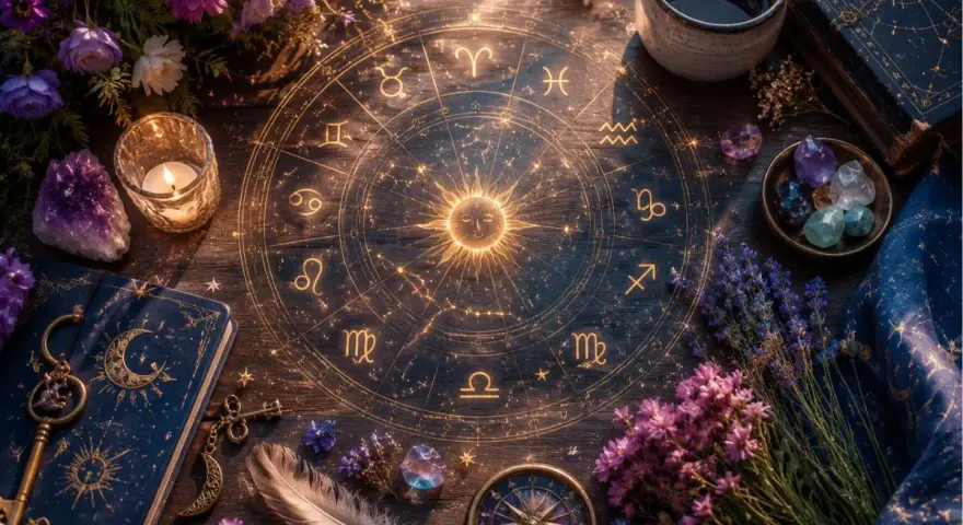 Magiczny krąg zodiaku, świeca, kryształy i kwiaty. Idealne do wróżby tarot tygodniowy rak.