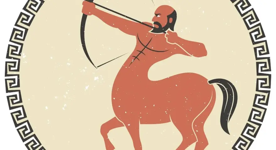 Centaur z łukiem, czy strzelec jest zazdrosny o cel? Stylizowana ilustracja w greckim stylu.