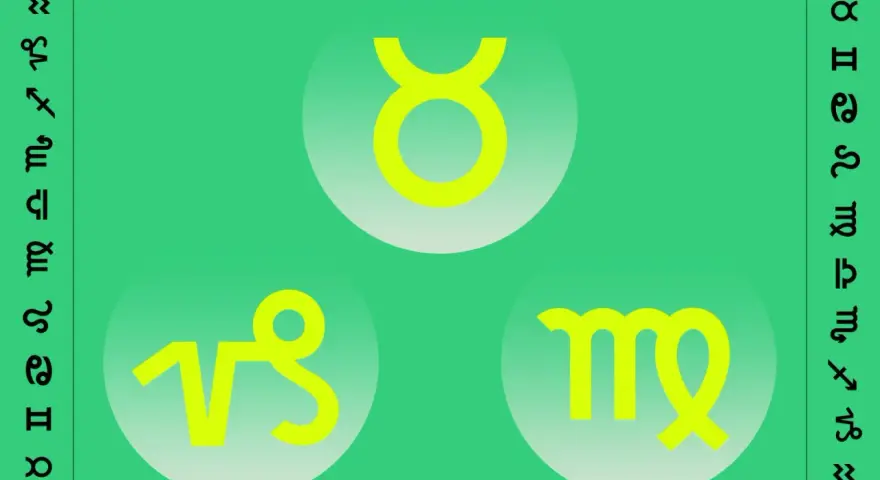 Trzy znaki ziemi: Byk, Panna i Koziorożec, otoczone symbolami zodiaku.