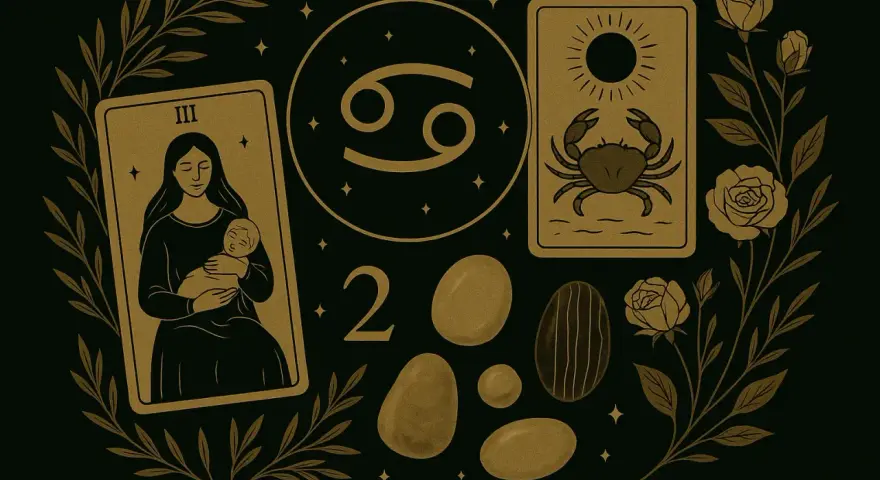 Znak rak od kiedy? Tajemnicza grafika z kartą Tarota, symbolem Raka i różami.
