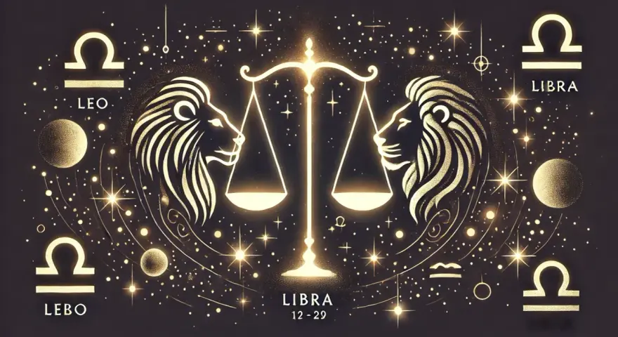Zodiakalny lew i waga tworzą harmonijną całość. Symbolika gwiazd i planet podkreśla ich związek.
