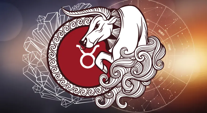 Symbol byka, symbolizujący najgorsze cechy byka, otoczony kryształami i kołem zodiaku.