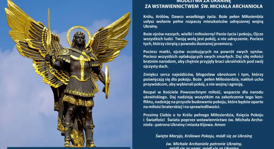 Pomnik św. Michała Archanioła, patrona Ukrainy, z mieczem i tarczą, w złotej zbroi. Modlitwa o pokój dla Ukrainy.