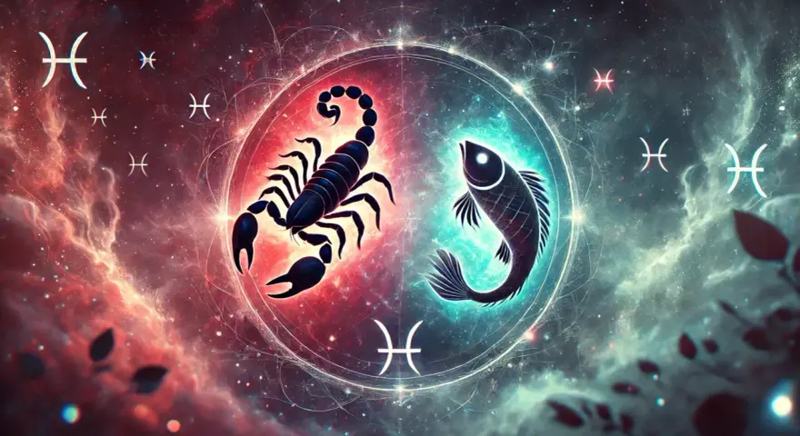 Skorpion i ryby w kosmicznym wirze. Symbolika znaków zodiaku na tle mgławic.