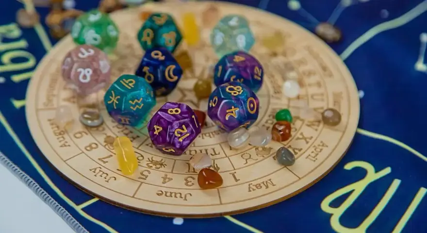 Karty numerologiczne 4 i 11, kości z symbolami zodiaku i kamienie na tle zodiakalnym.