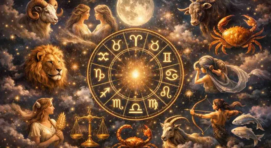 Znak zodiaku Waga od 23 września do 22 października. Gwiazdy i symbole zodiaku na nocnym niebie.
