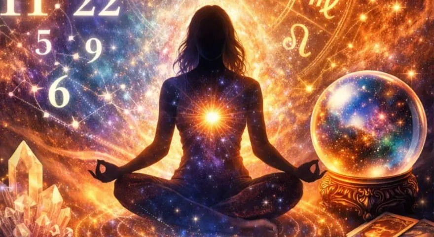 Kobieta w pozie medytacyjnej, otoczona kosmiczną energią, kryształami i tarota. W tle liczby i znaki zodiaku, symbolizujące rok numerologiczny 2.