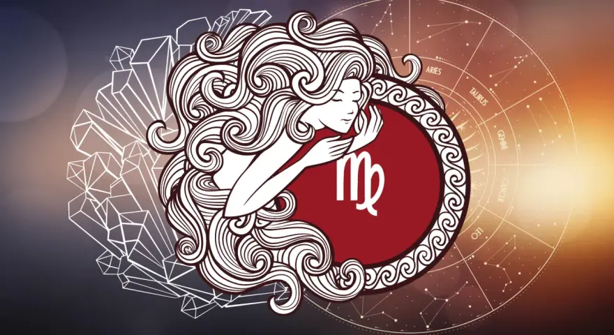 Znak zodiaku Panna, symbol dziewicy, otoczony kryształami i kołem zodiaku, tuż po znaku zodiaku po Lwie.