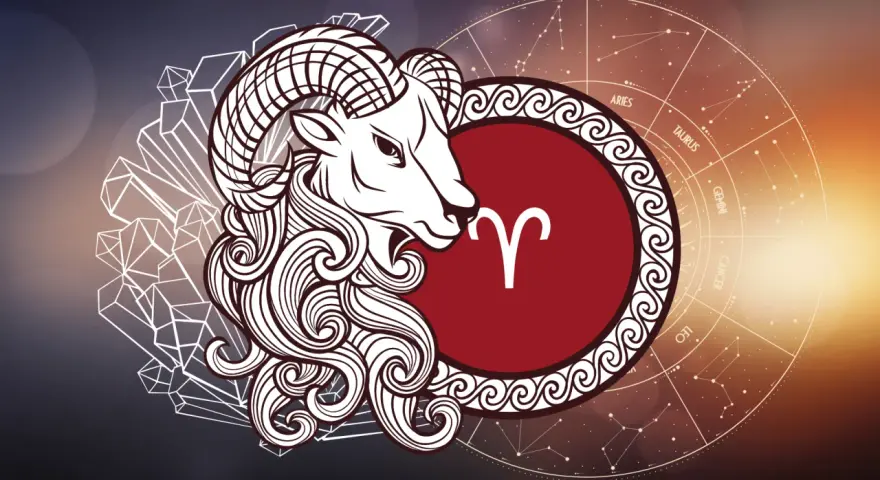 Baran jaki żywioł – symbol zodiaku z ozdobną grzywą i rogami, otoczony kryształami i kołem zodiaku.