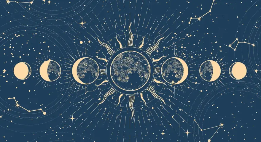 Cykl faz księżyca i słońce na tle nocnego nieba z gwiazdami i konstelacjami. Symbolizuje nowy rok astrologiczny i kosmiczne przemiany.
