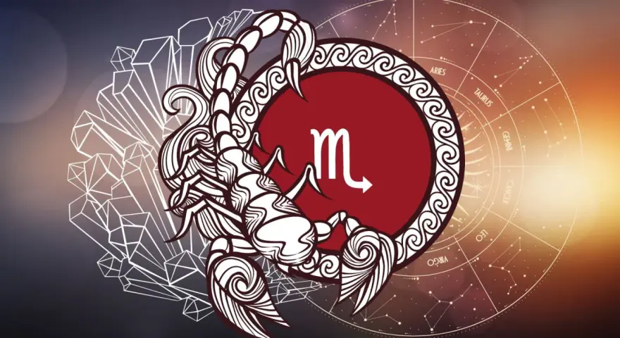 Skorpion, 23.10 znak zodiaku, z symbolem i konstelacjami.