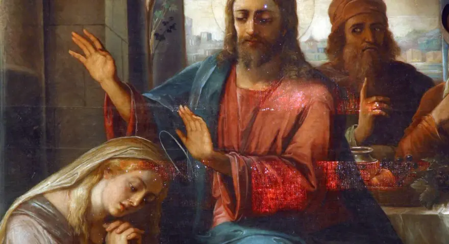 Jezus błogosławi Marię Magdalenę, która klęczy u jego stóp. W tle widać innych mężczyzn.