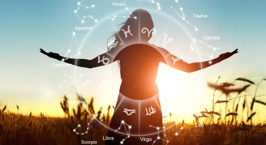 Sylwetka kobiety na tle zachodzącego słońca, otoczona kołem zodiaku. Każdy znak zodiaku, jak 20.06 znak zodiaku, jest widoczny.