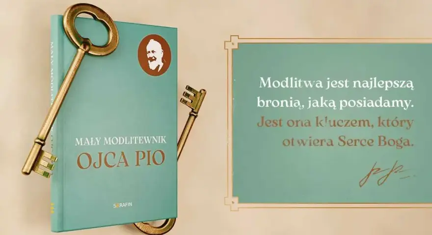 Książka "Mały modlitewnik Ojca Pio" z kluczami, symbolizującymi otwarcie Serca Boga. Dzień 3 nowenny do miłosierdzia Bożego.