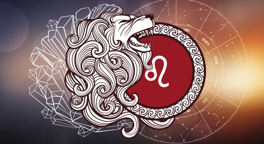 Stylizowany lew, symbol znaku zodiaku Lew, z jego datą urodzenia. W tle koło zodiaku i kryształy.