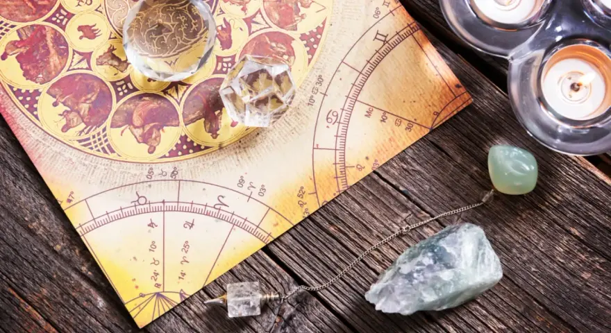 Numerologia 11 z dnia urodzenia. Kryształy, wahadło i świece na tle mapy astrologicznej.