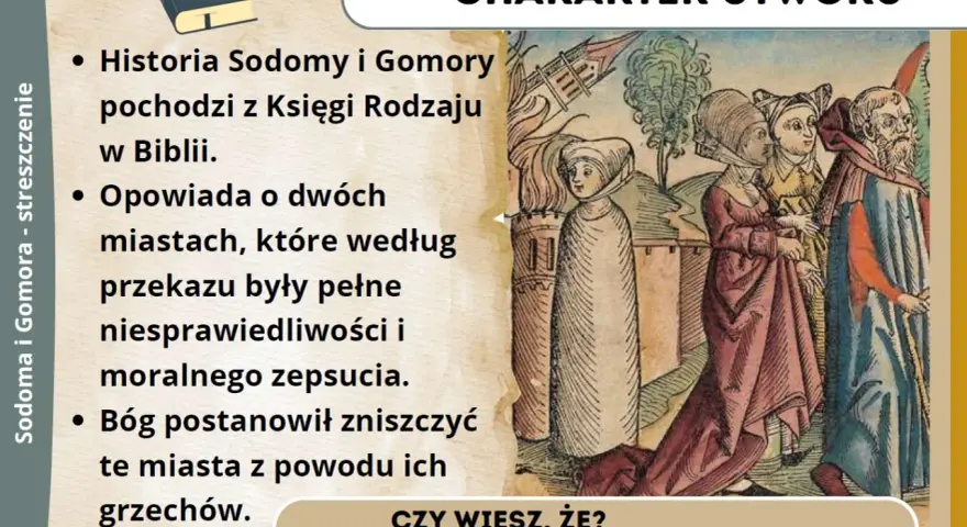 Historia Sodomy i Gomory, streszczenie z Biblii, opowiada o zniszczeniu grzesznych miast. Ilustracja przedstawia biblijną scenę.