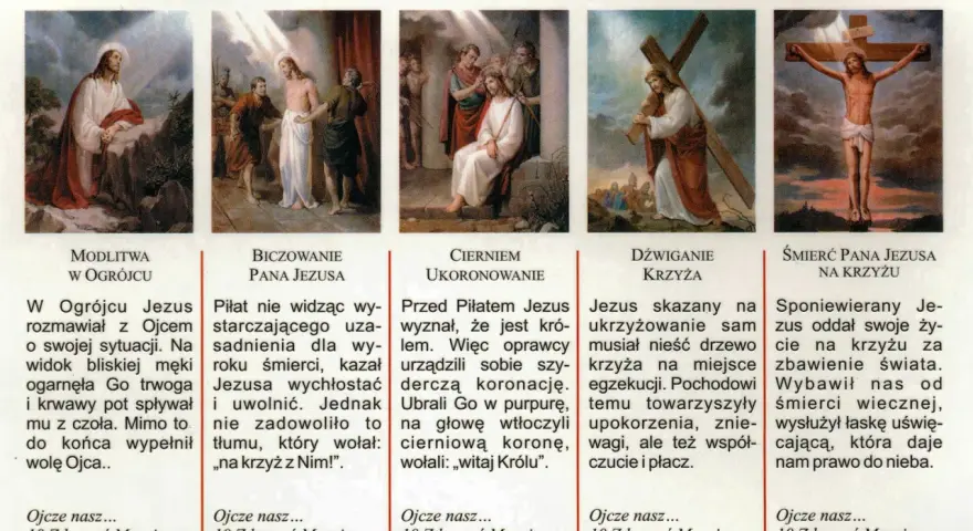 Obraz przedstawia pięć scen z Męki Pańskiej, w tym biczowanie, cierniem ukoronowanie, dźwiganie krzyża i śmierć Jezusa.