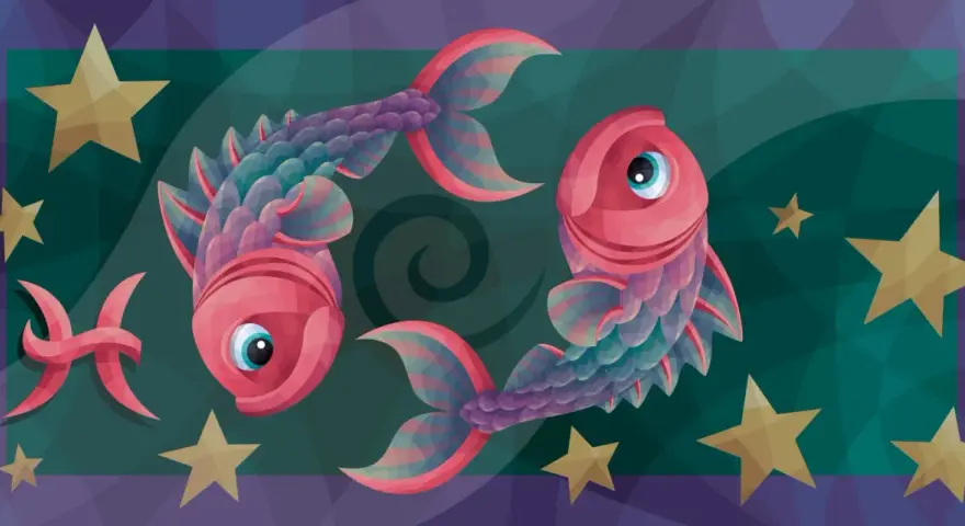 Dwie różowe ryby, symbol zodiaku Ryby, tworzą idealny partner dla ryby. Gwiazdy i symbol Ryb dopełniają kosmiczną scenę.