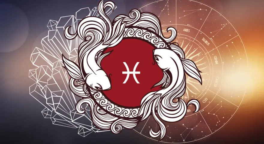 Dwa stylizowane ryby otaczają symbol Ryb, na tle koła zodiaku i kryształów.