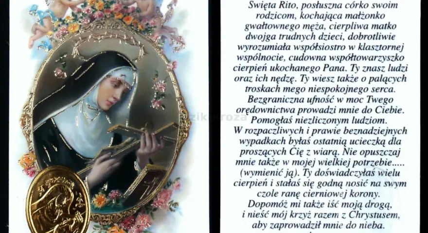 Święta Rita, patronka trudnych spraw, w otoczeniu aniołków i kwiatów, trzyma krzyż. Modlitwa do św. Rity.