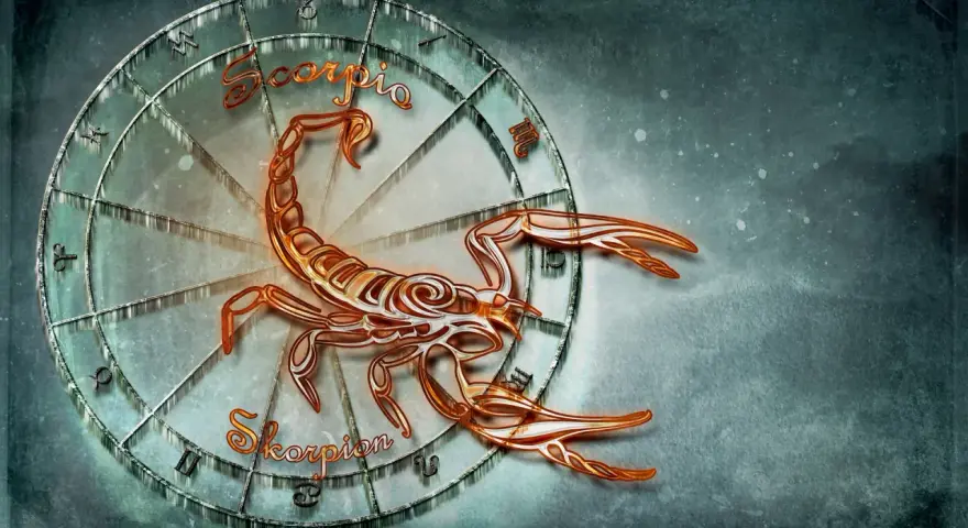 Skorpion i Waga: symboliczna przyjaźń między znakami zodiaku. Skorpion na tle koła zodiaku.