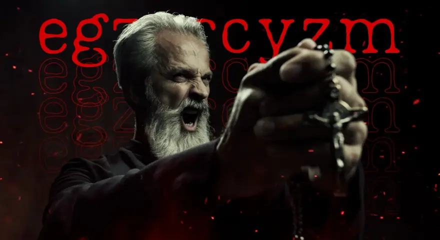 Gniewny mężczyzna z siwą brodą i różańcem w dłoni, krzyczący w ciemności. Słowo "egzorcyzm" widoczne w tle.